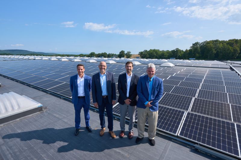 Celebrating the completion of the Montgomery, New York solar installation (from left to right): Raphael Declercq, CEO, PowerFlex; David Sandbank, Vice President, NYSERDA; Jim Burgess, Medline Director of Sustainability; and Thomas Fallon, Medline Director of Operations